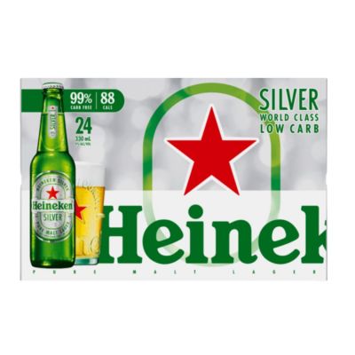 Heineken Alcohol 4% Beer 330ml x 24 Silver Glass Bottles