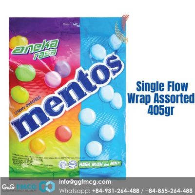 Mentos Single Flow Wrap Assorted (Fruit & Mint) 405gr (150 pcs) x 12 Big Pouch